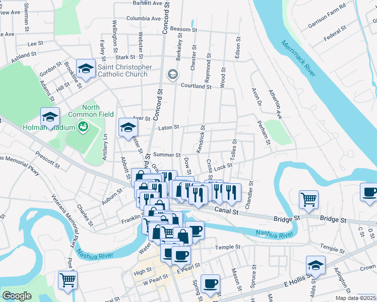 map of restaurants, bars, coffee shops, grocery stores, and more near 598 Kendrick Street in Nashua