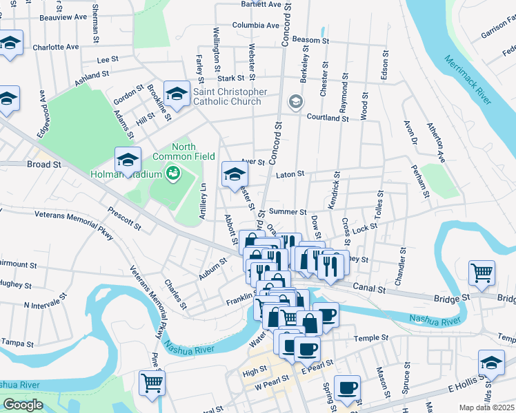 map of restaurants, bars, coffee shops, grocery stores, and more near 22 Concord Street in Nashua
