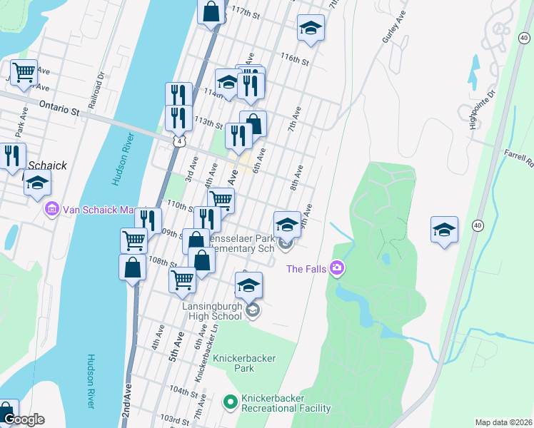 map of restaurants, bars, coffee shops, grocery stores, and more near 427 7th Avenue in Troy