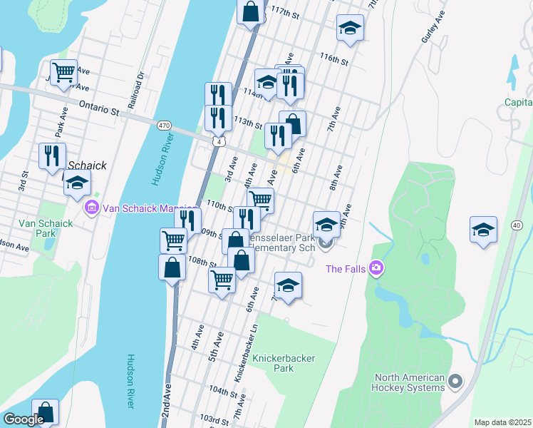 map of restaurants, bars, coffee shops, grocery stores, and more near 417 6th Avenue in Troy