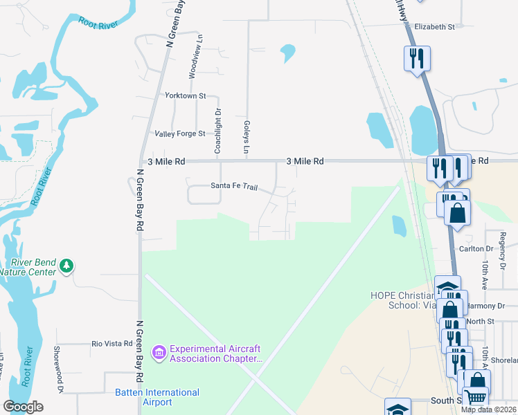 map of restaurants, bars, coffee shops, grocery stores, and more near 3808 Wyoming Way in Racine