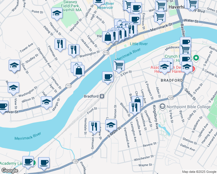 map of restaurants, bars, coffee shops, grocery stores, and more near 30 Railroad Avenue in Haverhill