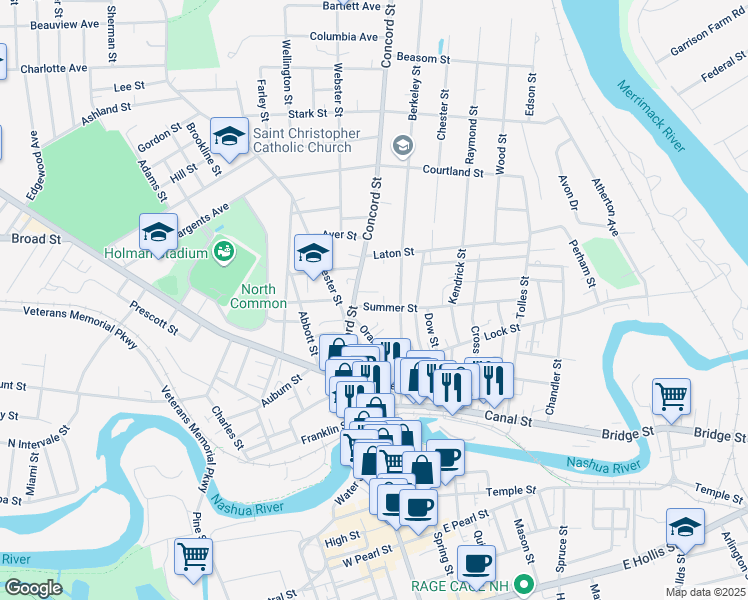 map of restaurants, bars, coffee shops, grocery stores, and more near 6 Summer Street in Nashua