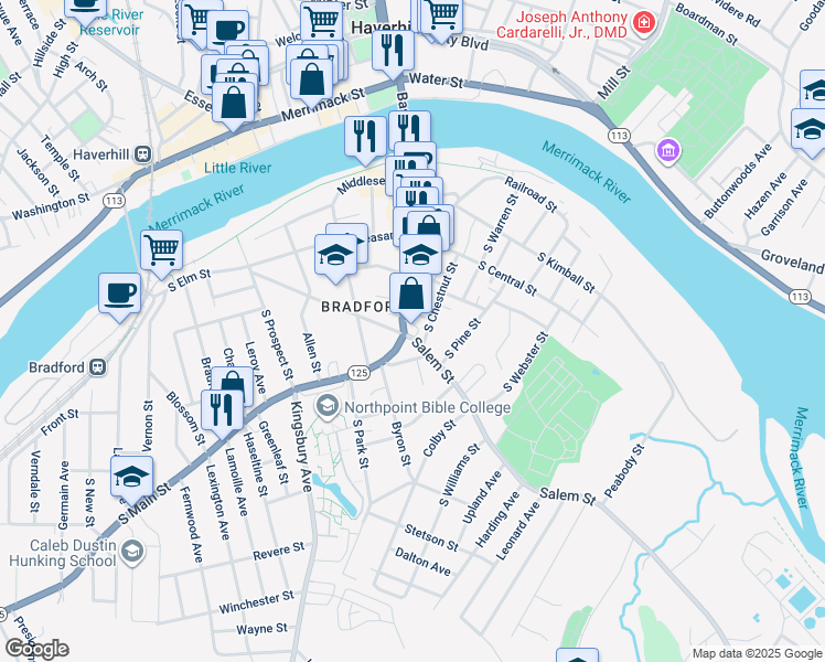 map of restaurants, bars, coffee shops, grocery stores, and more near 2 Salem Street in Haverhill