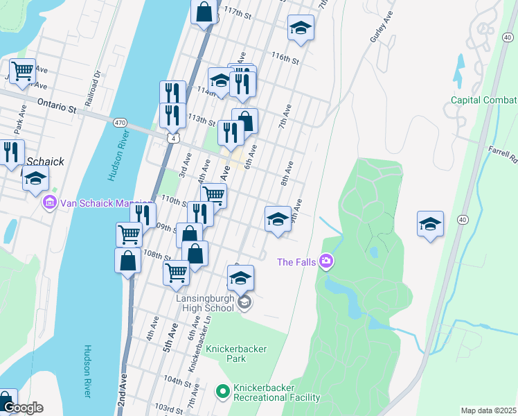map of restaurants, bars, coffee shops, grocery stores, and more near 427 7th Avenue in Troy