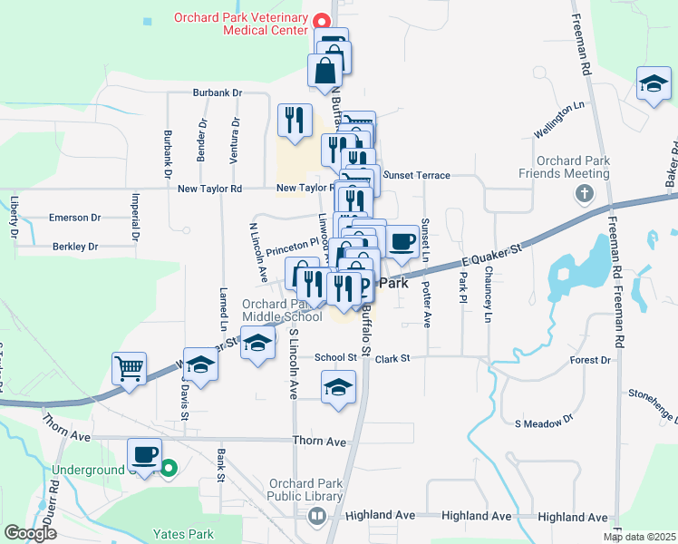 map of restaurants, bars, coffee shops, grocery stores, and more near 32 Linwood Ave in Orchard Park