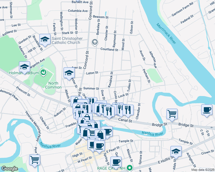 map of restaurants, bars, coffee shops, grocery stores, and more near 598 Kendrick Street in Nashua