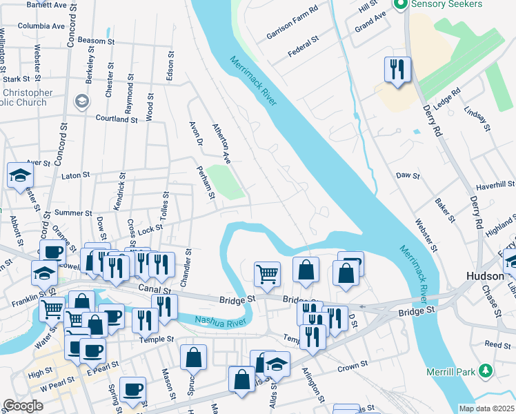 map of restaurants, bars, coffee shops, grocery stores, and more near 115 Lock Street in Nashua