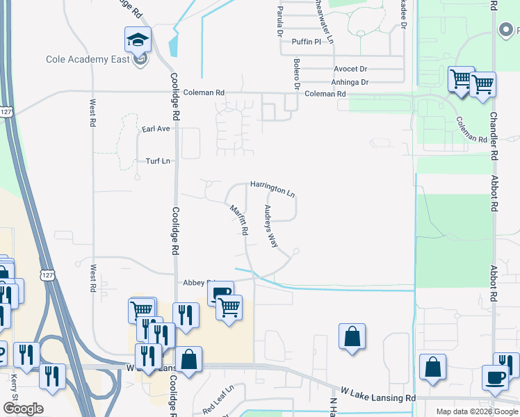 map of restaurants, bars, coffee shops, grocery stores, and more near 2933 Audreys Way in East Lansing