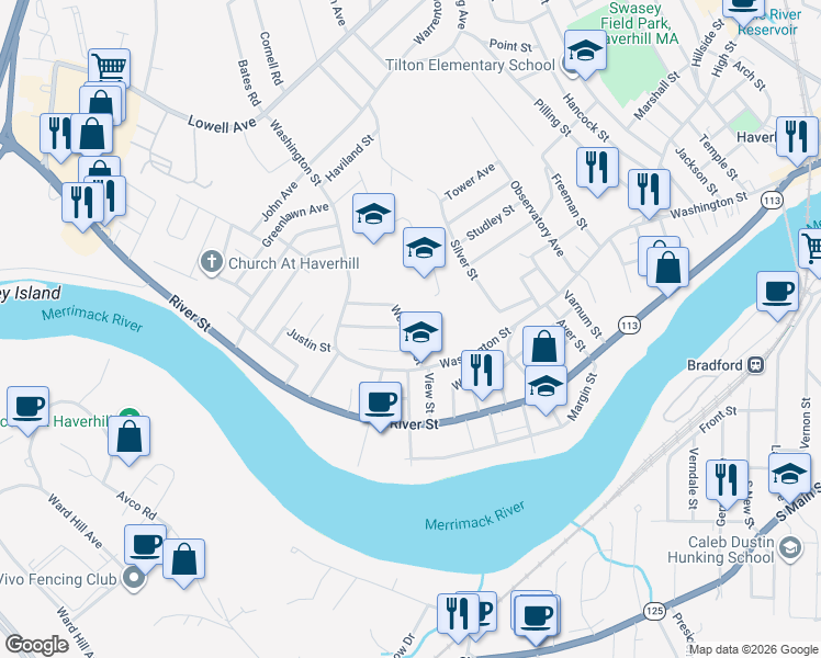 map of restaurants, bars, coffee shops, grocery stores, and more near 21 Westford Street in Haverhill