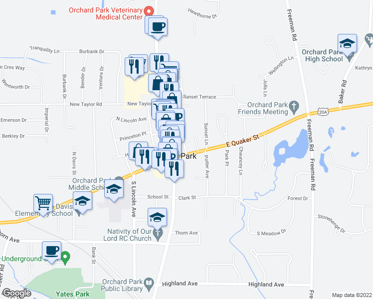 map of restaurants, bars, coffee shops, grocery stores, and more near 6548 East Quaker Street in Orchard Park