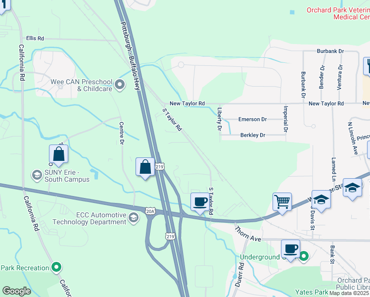 map of restaurants, bars, coffee shops, grocery stores, and more near 4238 South Taylor Road in Orchard Park