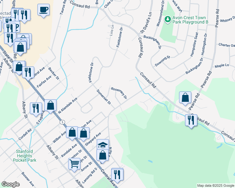 map of restaurants, bars, coffee shops, grocery stores, and more near 9 Laurel Lane in Schenectady