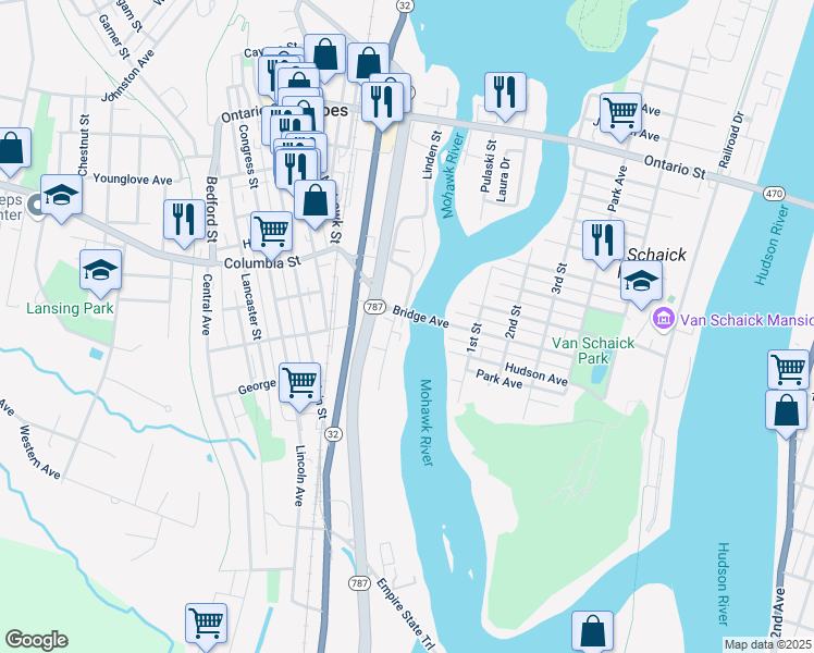 map of restaurants, bars, coffee shops, grocery stores, and more near 7 Bridge Avenue in Cohoes