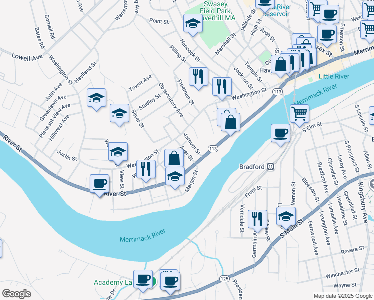 map of restaurants, bars, coffee shops, grocery stores, and more near 35 Ayer Street in Haverhill