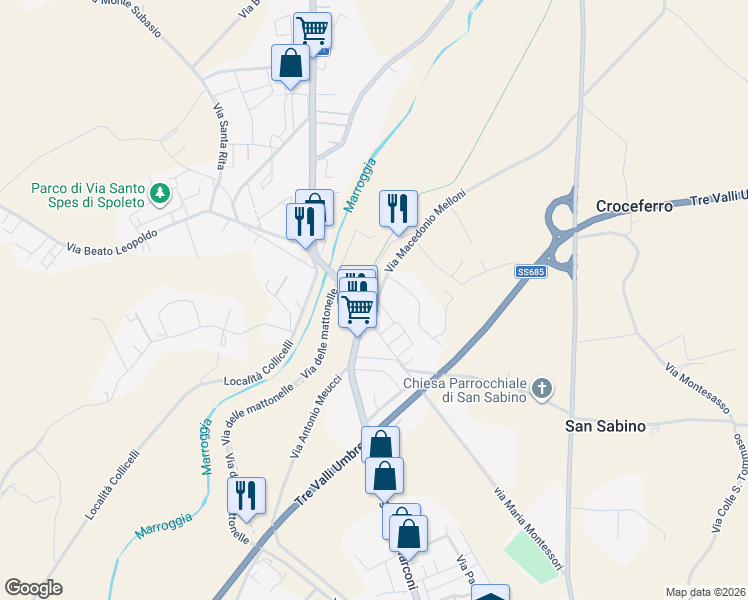 map of restaurants, bars, coffee shops, grocery stores, and more near 11 Via Macedonio Melloni in Spoleto