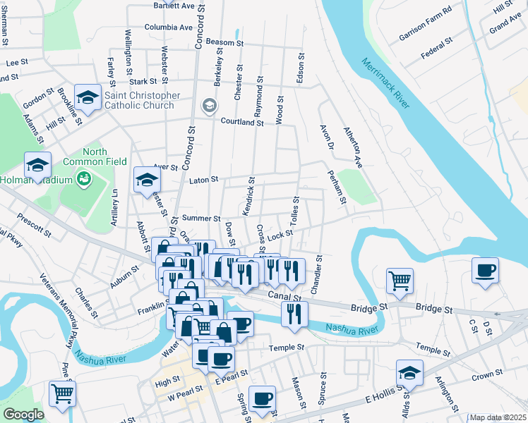 map of restaurants, bars, coffee shops, grocery stores, and more near 44 Summer Street in Nashua
