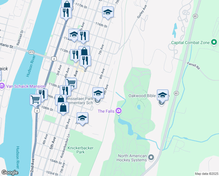 map of restaurants, bars, coffee shops, grocery stores, and more near 444 9th Avenue in Troy