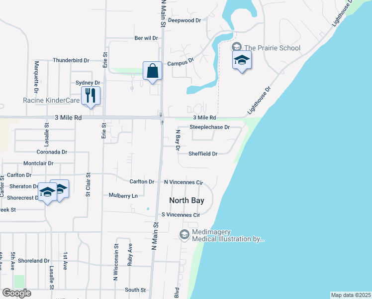 map of restaurants, bars, coffee shops, grocery stores, and more near 210 Sheffield Drive in Racine