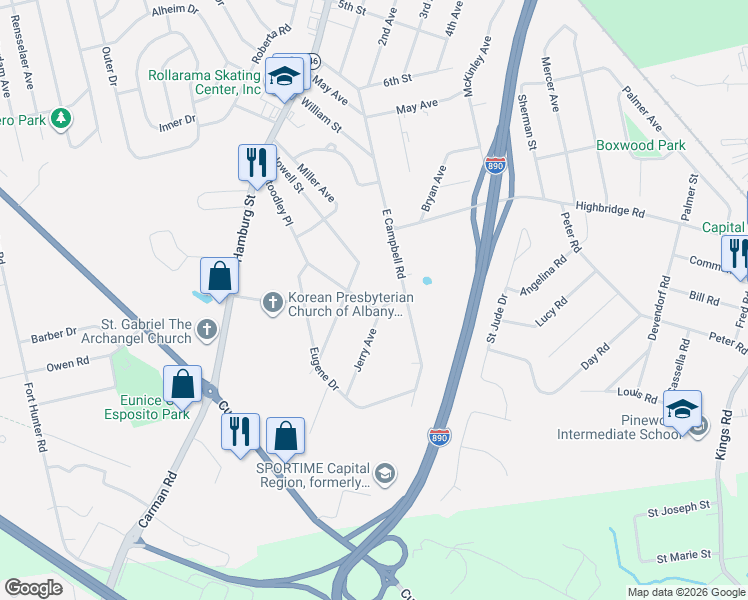 map of restaurants, bars, coffee shops, grocery stores, and more near 1161 Jerry Avenue in Schenectady
