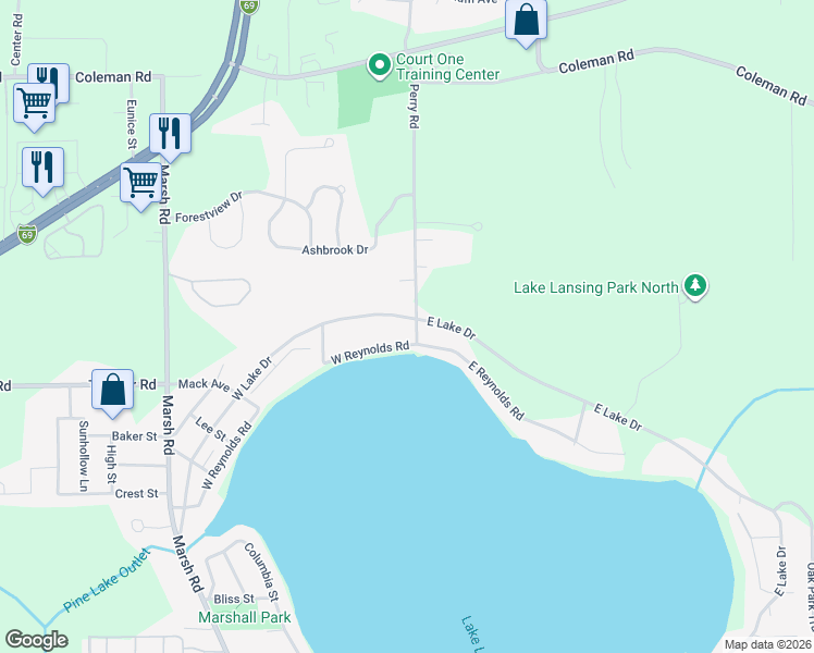 map of restaurants, bars, coffee shops, grocery stores, and more near 6440 West Lake Drive in Meridian charter Township