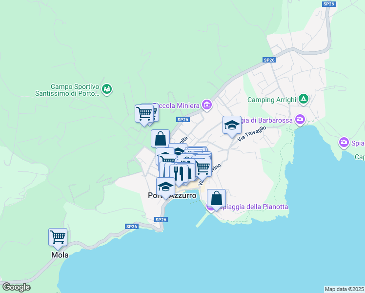 map of restaurants, bars, coffee shops, grocery stores, and more near 4 Via Romita in Porto Azzurro