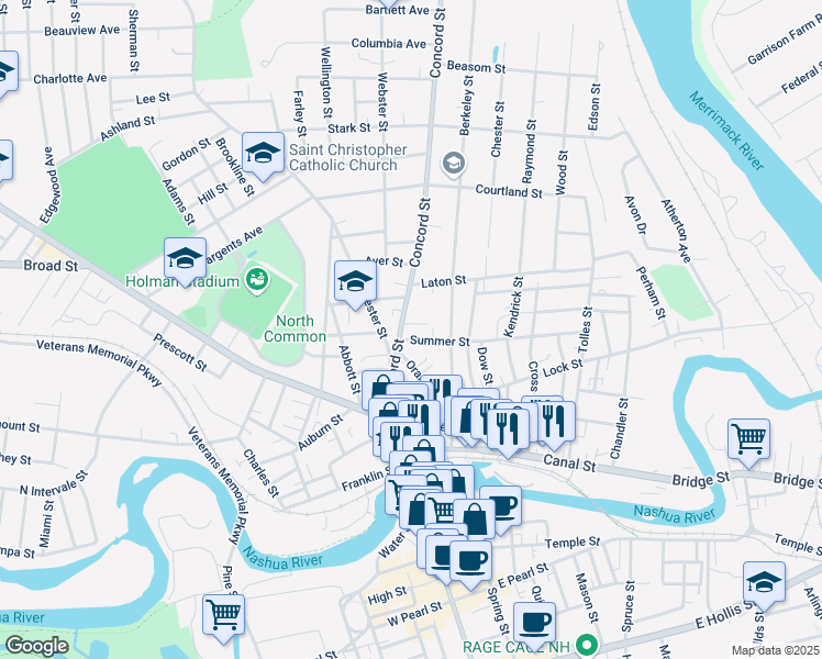 map of restaurants, bars, coffee shops, grocery stores, and more near 6 Summer Street in Nashua