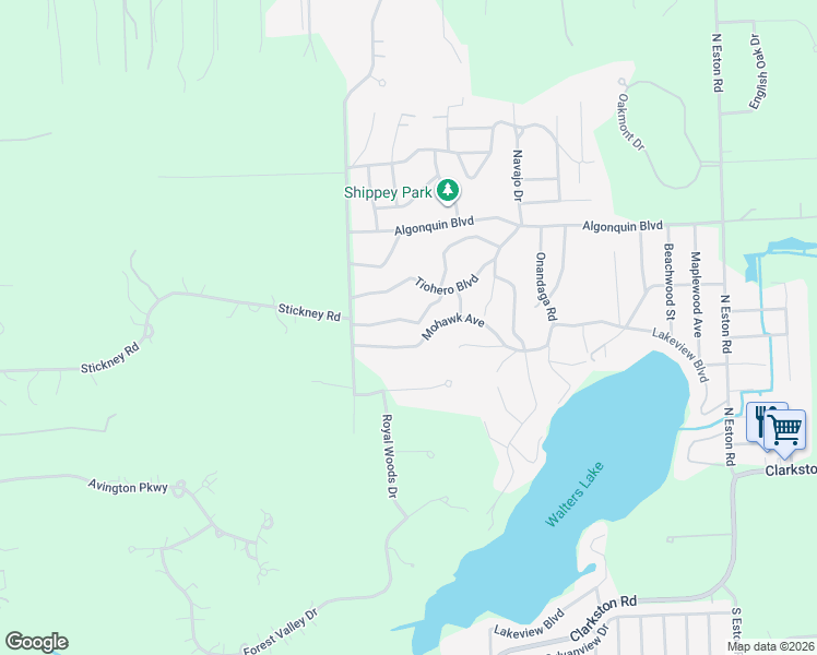 map of restaurants, bars, coffee shops, grocery stores, and more near 5071 O-Aw-Wen-Sa Drive in City of the Village of Clarkston