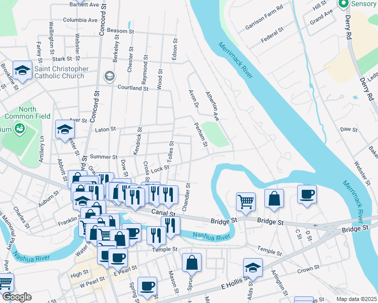 map of restaurants, bars, coffee shops, grocery stores, and more near 94 Chandler Street in Nashua