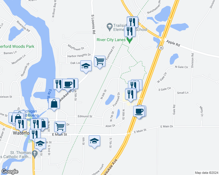 map of restaurants, bars, coffee shops, grocery stores, and more near 507 North 6th Street in Waterford