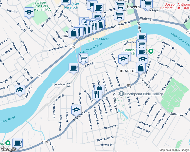 map of restaurants, bars, coffee shops, grocery stores, and more near 58 Chandler Street in Haverhill