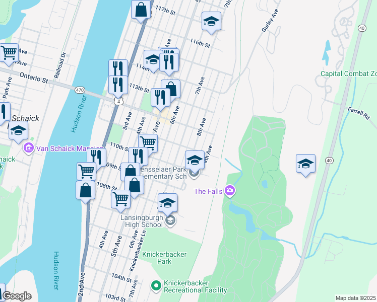 map of restaurants, bars, coffee shops, grocery stores, and more near 437 8th Avenue in Troy