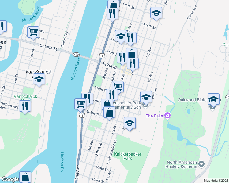map of restaurants, bars, coffee shops, grocery stores, and more near 29 110th Street in Troy