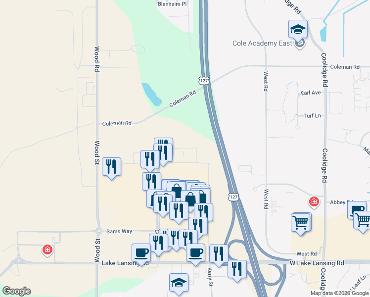 map of restaurants, bars, coffee shops, grocery stores, and more near 2417 Showtime Drive in Lansing