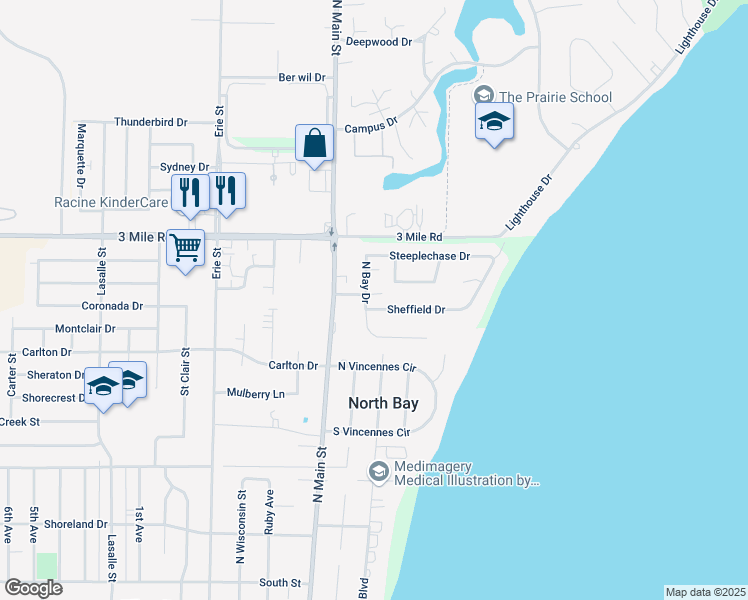 map of restaurants, bars, coffee shops, grocery stores, and more near 210 Sheffield Drive in Racine