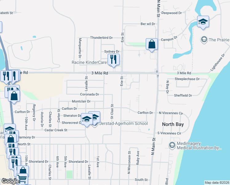 map of restaurants, bars, coffee shops, grocery stores, and more near 3824 Erie Street in Racine