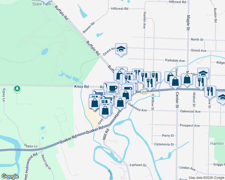 map of restaurants, bars, coffee shops, grocery stores, and more near 55 Knox Road in East Aurora