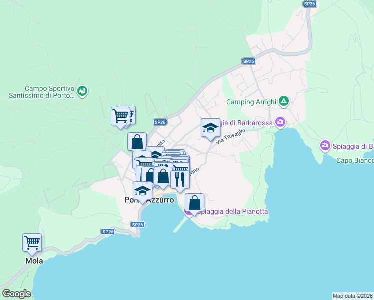 map of restaurants, bars, coffee shops, grocery stores, and more near 15 Via Casina in Porto Azzurro