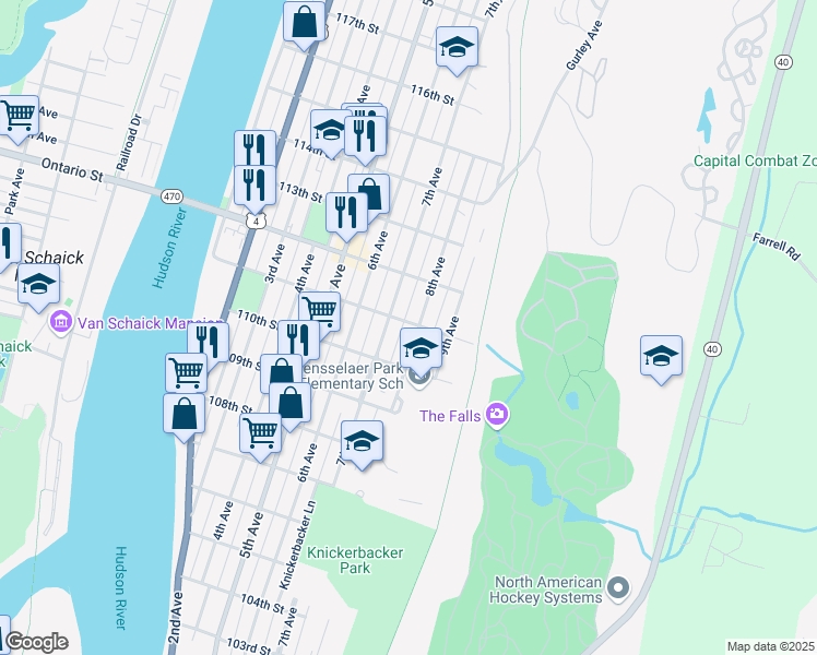 map of restaurants, bars, coffee shops, grocery stores, and more near 437 8th Avenue in Troy
