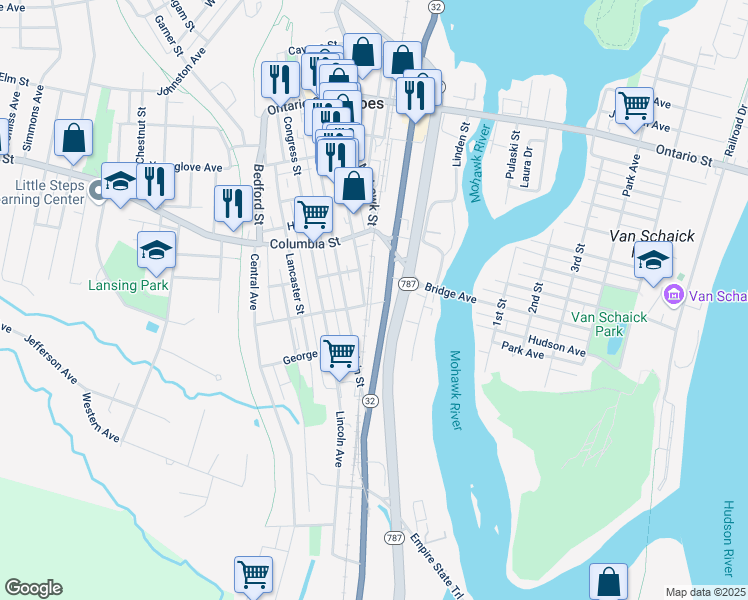 map of restaurants, bars, coffee shops, grocery stores, and more near 11 Newark Street in Cohoes