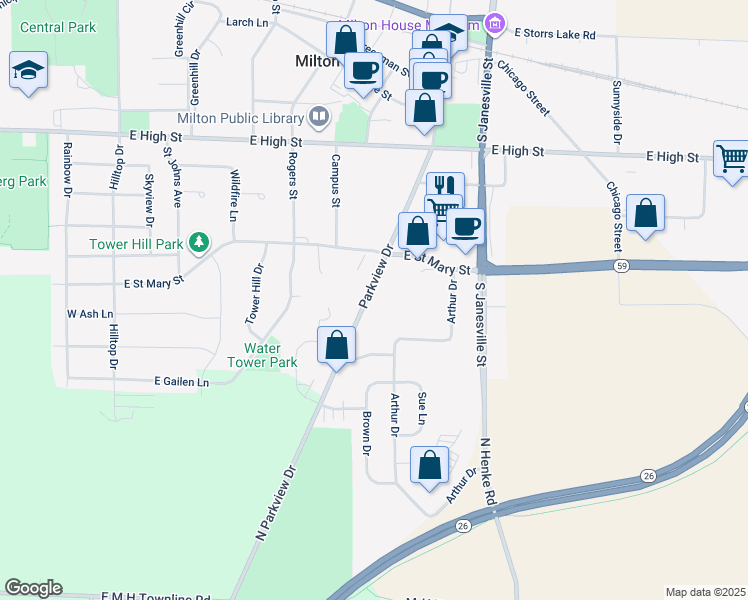 map of restaurants, bars, coffee shops, grocery stores, and more near 842 Parkview Drive in Milton