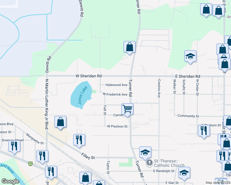 map of restaurants, bars, coffee shops, grocery stores, and more near 422 West Frederick Avenue in Lansing