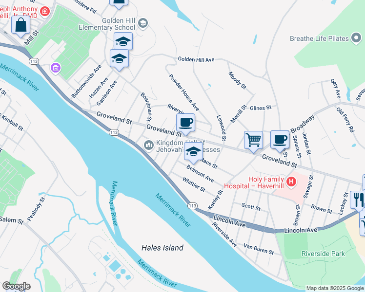 map of restaurants, bars, coffee shops, grocery stores, and more near 52 Haverhill Street in Haverhill