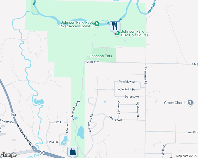 map of restaurants, bars, coffee shops, grocery stores, and more near 3845 Emmertsen Road in Racine