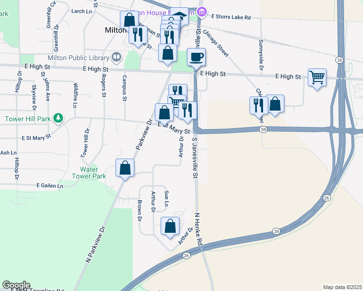 map of restaurants, bars, coffee shops, grocery stores, and more near 844 Arthur Drive in Milton
