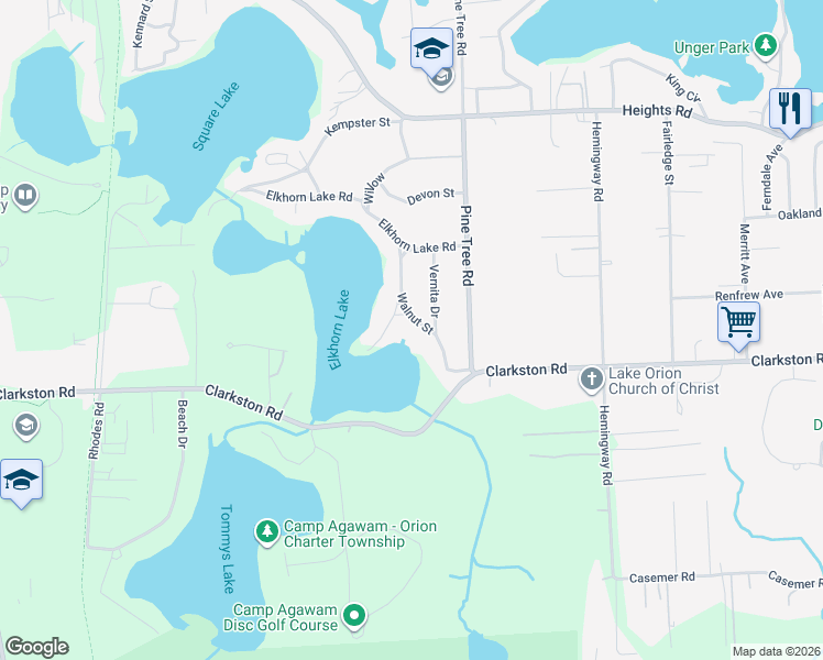 map of restaurants, bars, coffee shops, grocery stores, and more near 910 Walnut Street in Lake Orion
