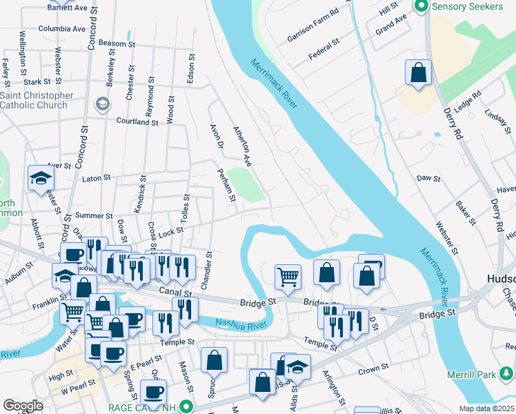 map of restaurants, bars, coffee shops, grocery stores, and more near 104 Lock Street in Nashua