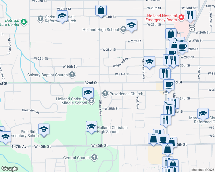 map of restaurants, bars, coffee shops, grocery stores, and more near 398 32nd Street in Holland