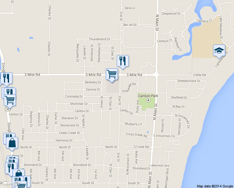 map of restaurants, bars, coffee shops, grocery stores, and more near 3824 Erie St in Racine