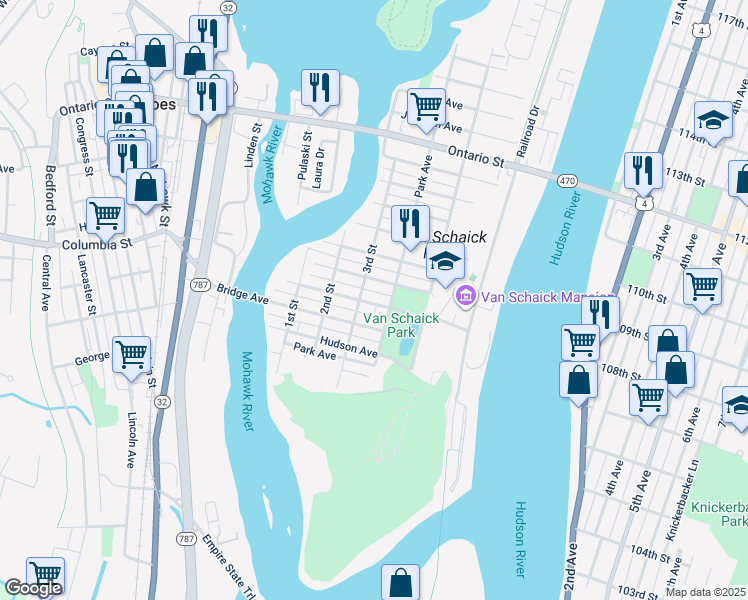 map of restaurants, bars, coffee shops, grocery stores, and more near 103 Van Schaick Avenue in Cohoes